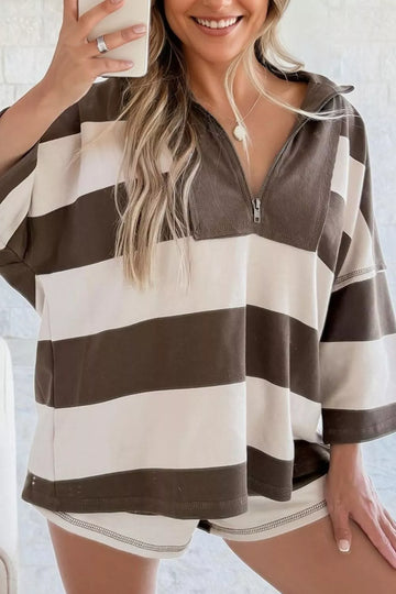 Striped Color Block Zip Collar 3/4 Sleeve Oversize Sweatshirt