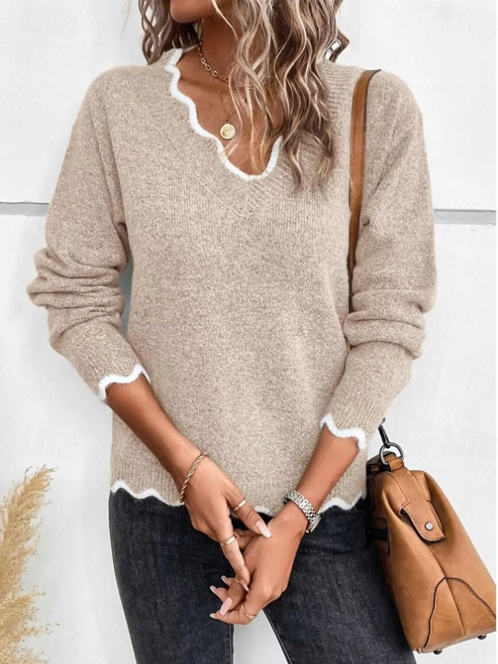 Full Size Scalloped Trim V Neck Sweater Plus Size