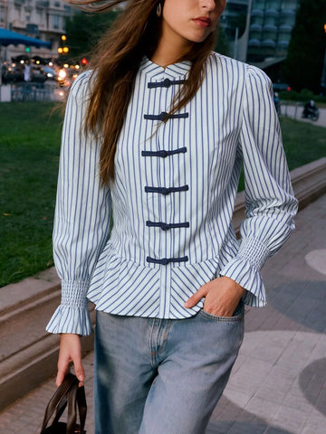 Striped Mandarin Knot Buttons Peplum Hem Shirt