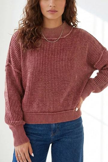 Drop Shoulder High Neck Ribbed Sweater