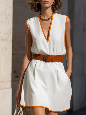 Contrast Trim V Neck Sleeveless Dress
