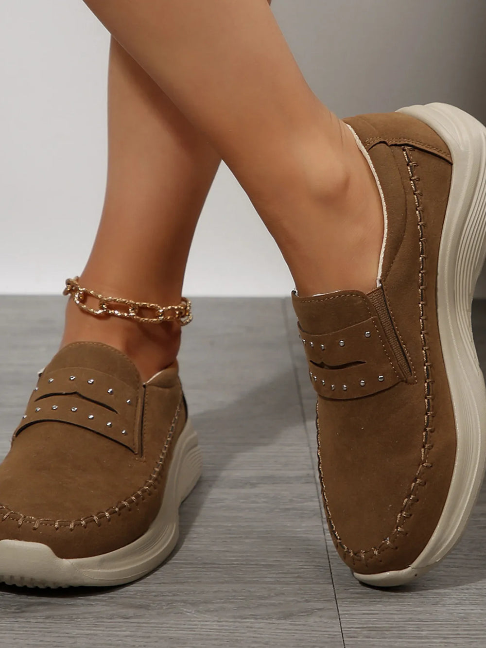 Studded Round Toe Platform Slip Ons