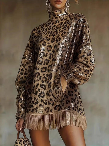Full Size Leopard Sequin Mock Neck Fringe Hem Mini Dress Plus Size