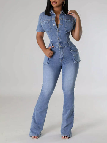 Slim-Fit Denim Jumpsuit with Utility Cargo Pockets and Flared Legs