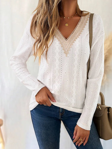 Eyelet V Neck Dropped Shoulder T-Shirt