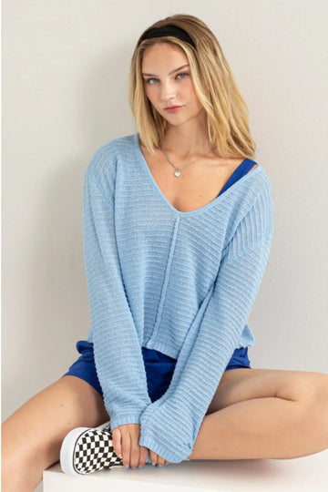 HYFVE V Neck Stripe Texture Long Sleeve Top