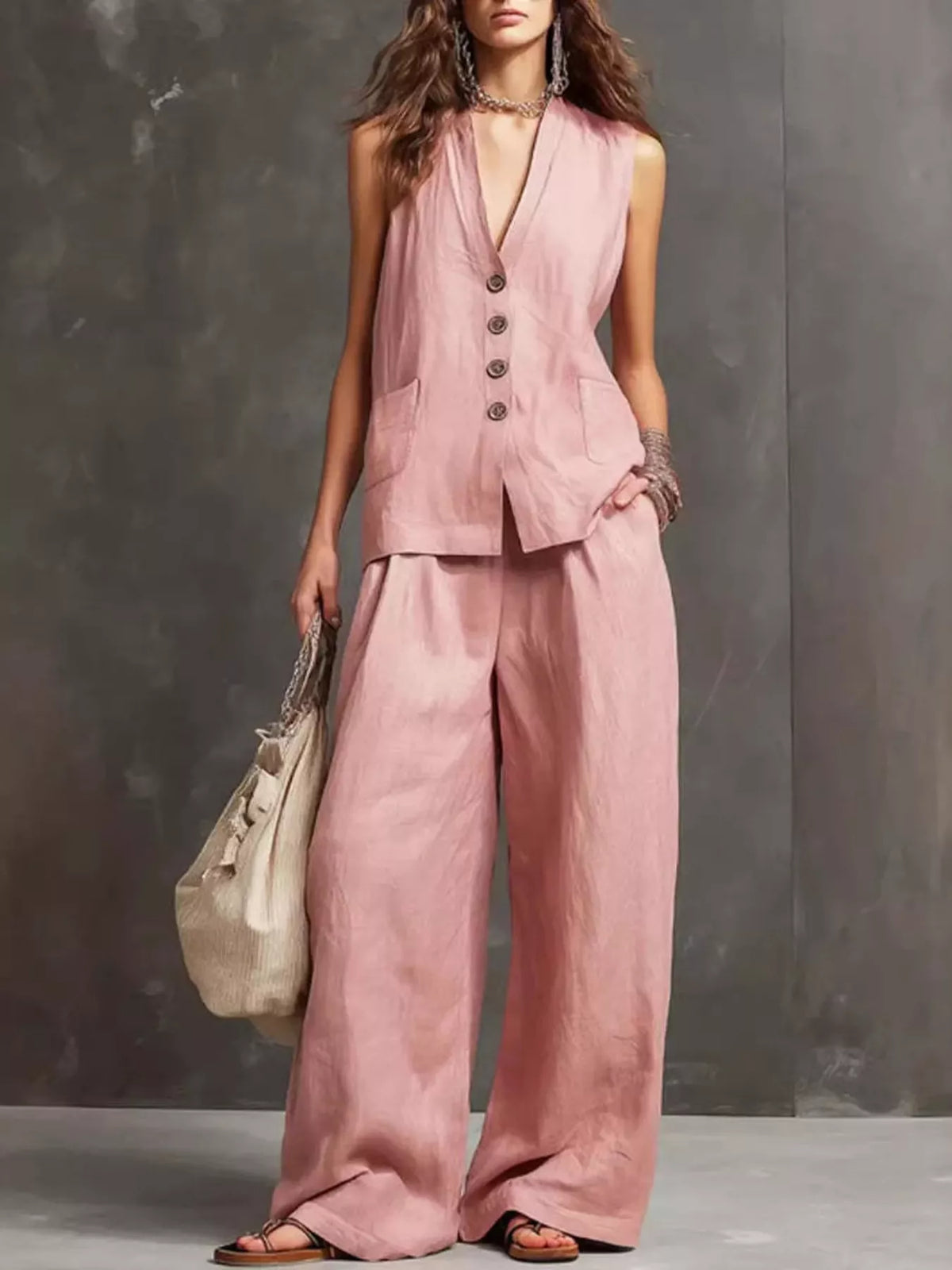 Full Size Sleeveless Vest and Wide-Leg Pants Set Plus Size
