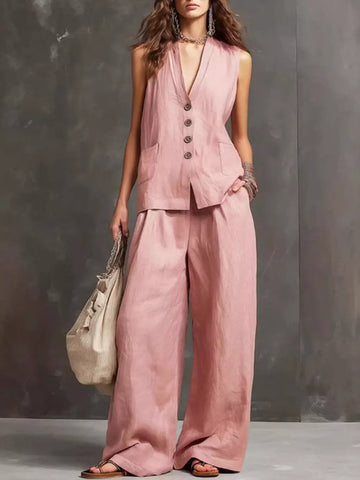 Full Size Sleeveless Vest and Wide-Leg Pants Set Plus Size