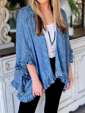 Full Size Ruffled Edge Open Front Denim Jacket Plus Size