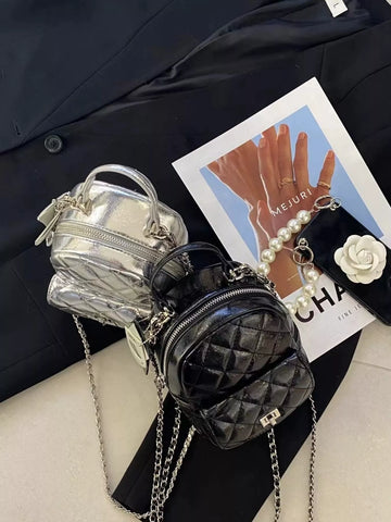 Quilted Metallic and Patent Mini Backpack Bag with Chain Strap