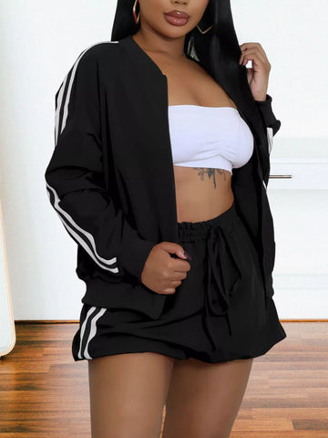 Striped Zip Up Outerwear and Shorts Set
