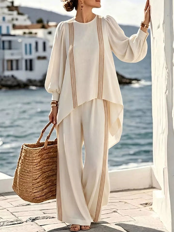 Full Size Striped Round Neck Top and Pants Set Plus Size