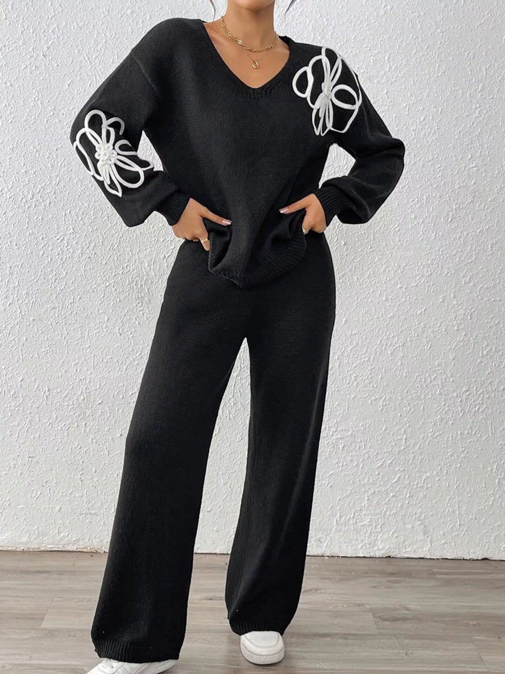 V-Neck Dropped Shoulder Top and Pants Sweater Set
