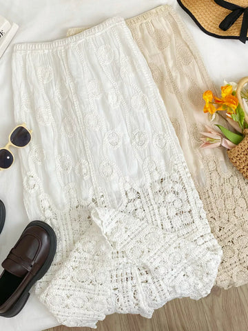 Lace Elastic Waist Midi Skirt