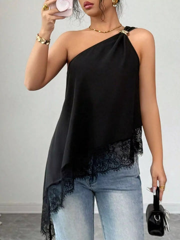 Asymmetrical One-Shoulder Lace Trim Cami