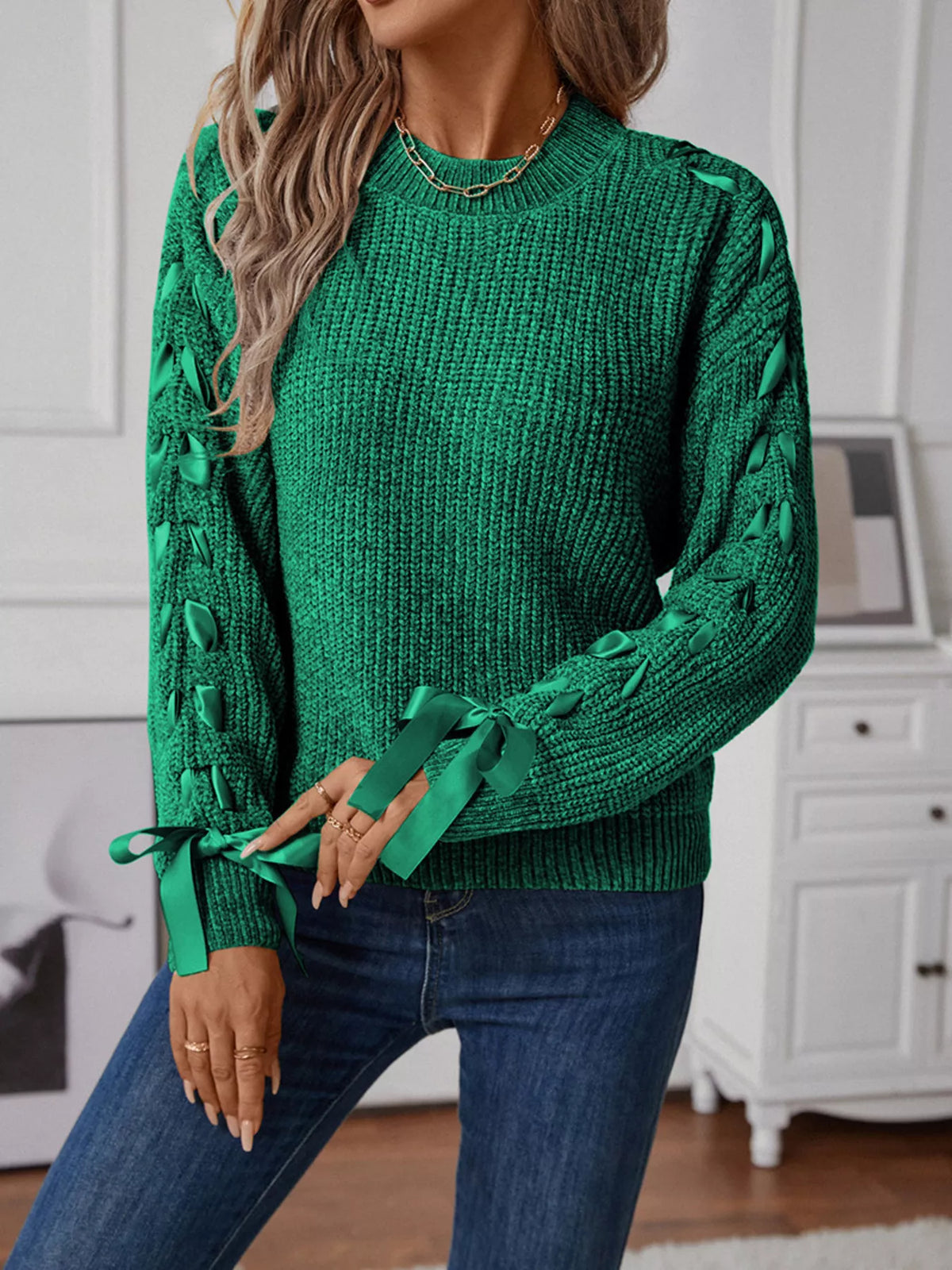 Ribbon-Tie Sleeve Round Neck Sweater