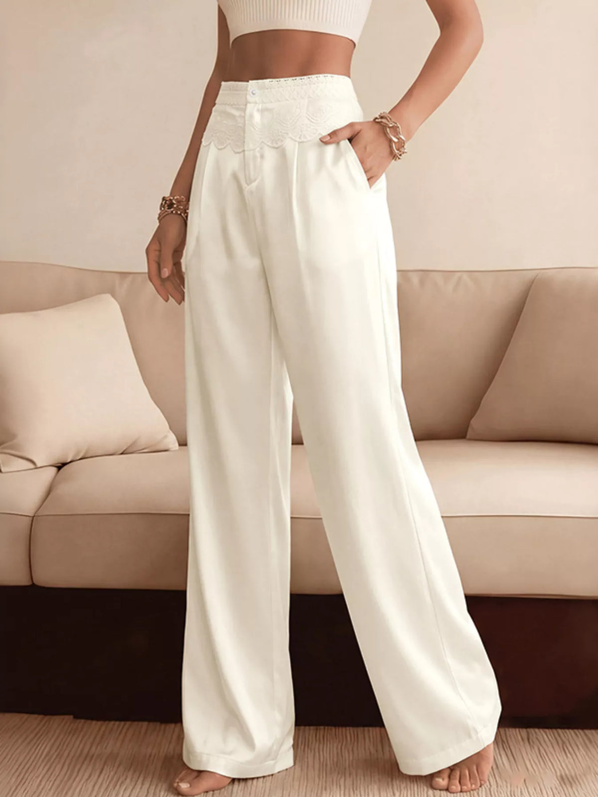 Lace Waist Wide Leg Pants
