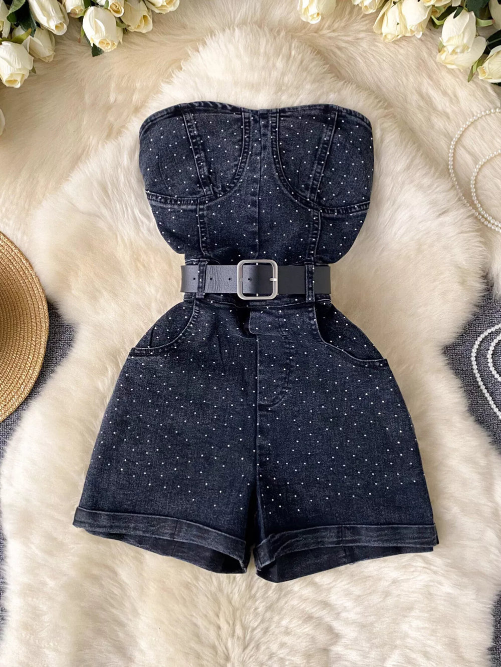Strapless Denim Romper with Pockets