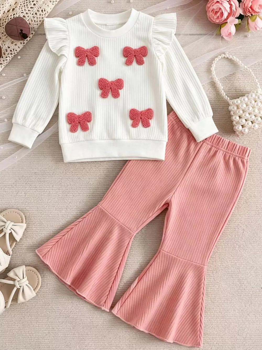 Children's Ruffled Long Sleeve Top and Flare Pants Set