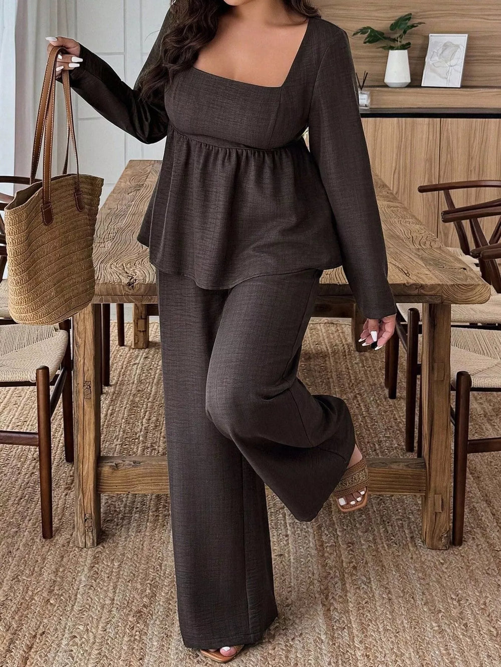 Plus Size Square Neck Long Sleeve Top and Pants Two Piece Set