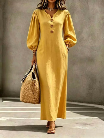 Decorative Button Balloon Sleeve Maxi Dress