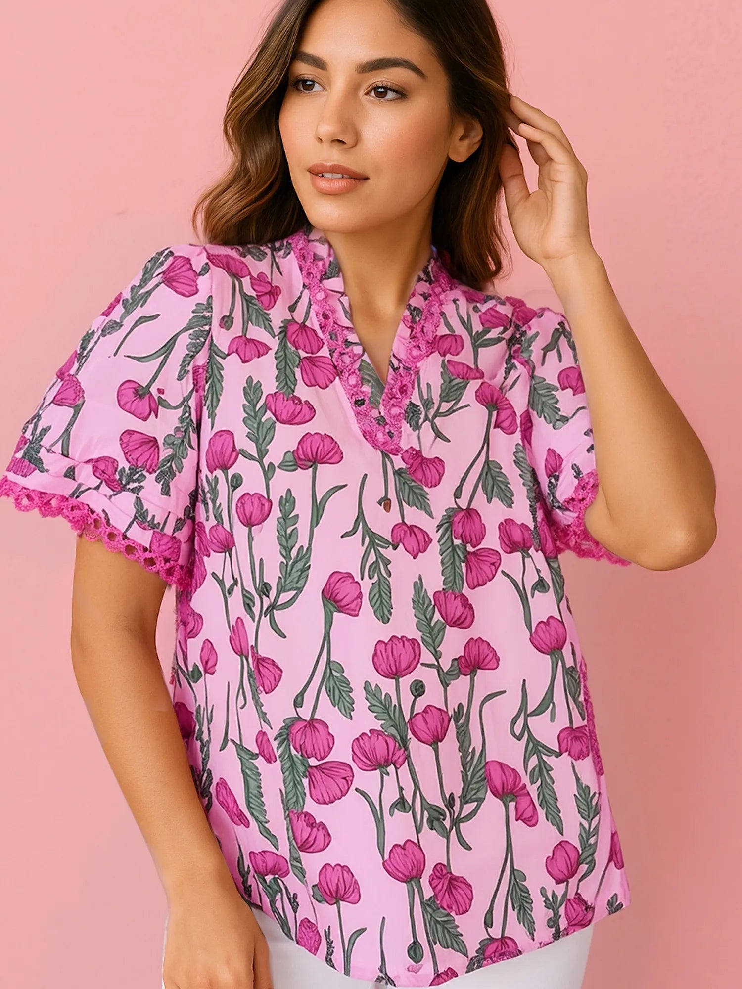 Floral Notched Short Sleeve Blouse selected from Blouse Bloom for Blouse Bloom: Soft Structure for Every Kind of Day