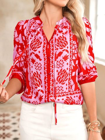 Floral Print Tie Neck Button Front Shirt