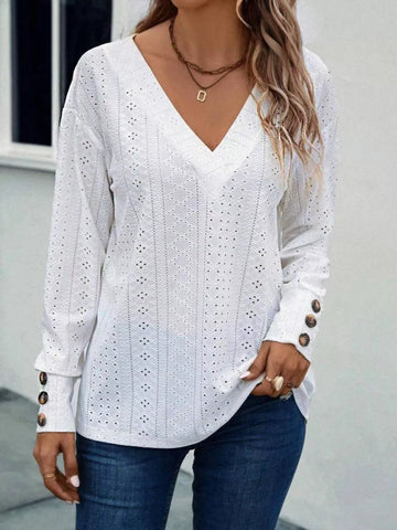Eyelet V Neck Long Sleeve Blouse
