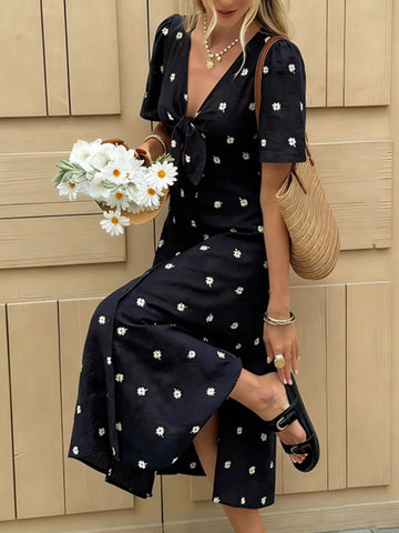 Daisy Print Tie Front Midi Dress