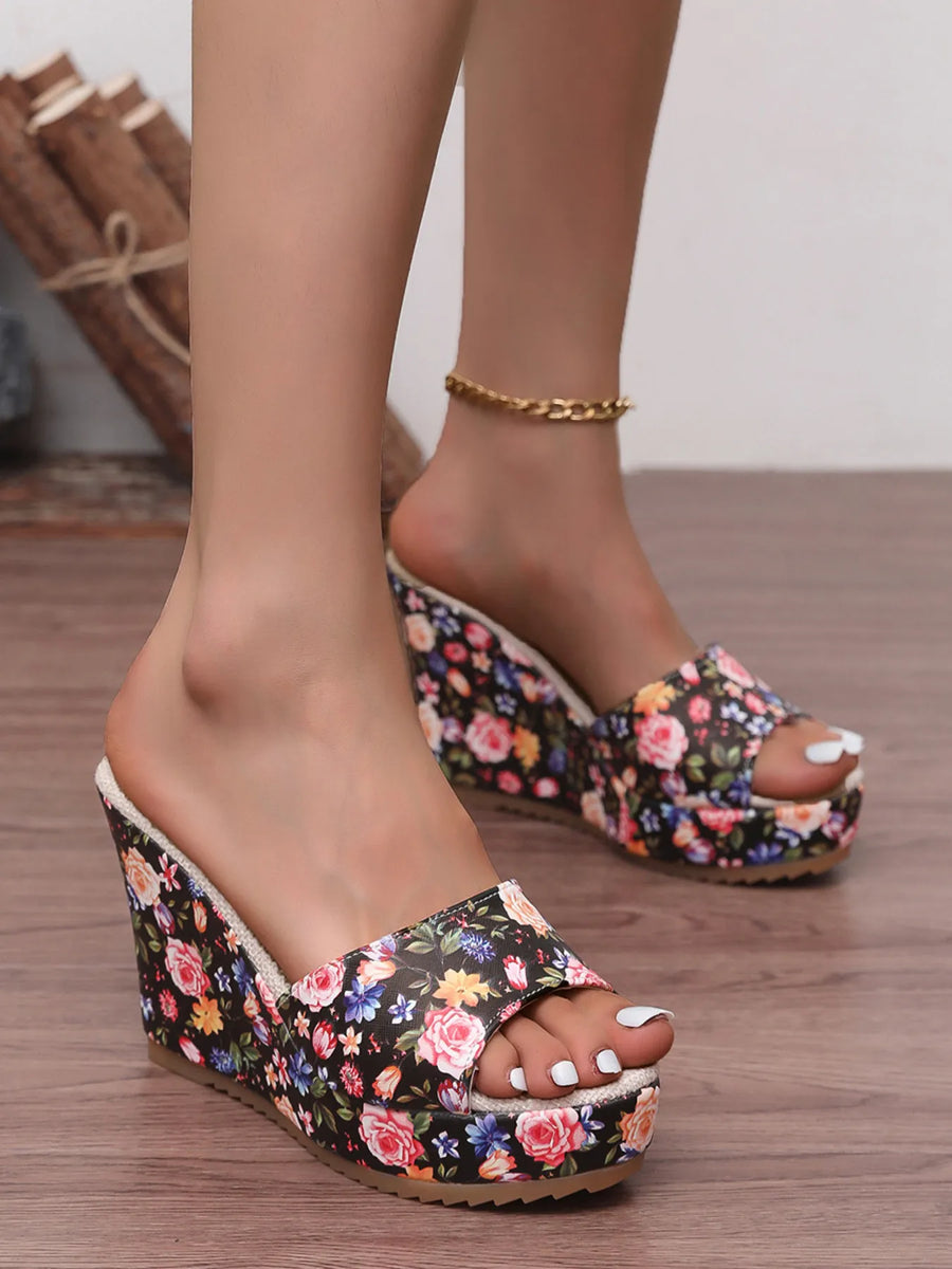 Floral Print Platform Wedge Sandals