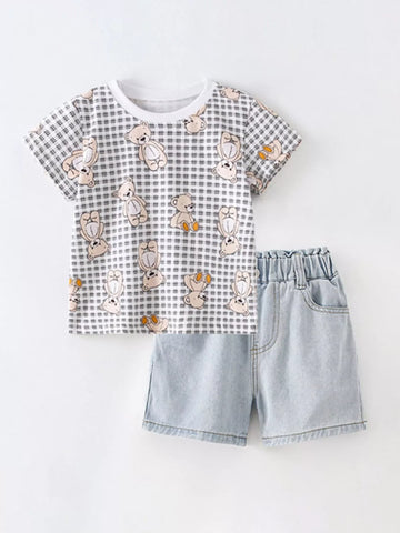 Children's Bear Print T-Shirt and Denim Shorts Set