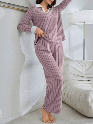 Ribbed Knit Polo Collar Top and Pants Lounge Set
