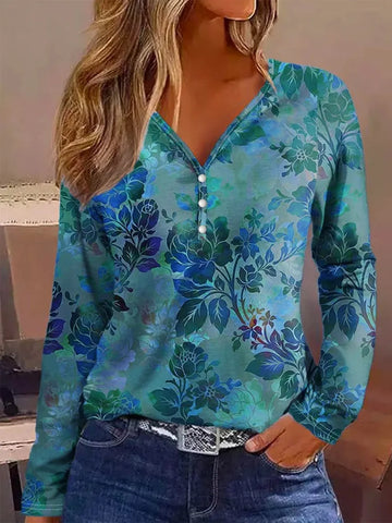Printed V Neck Long Sleeve Blouse
