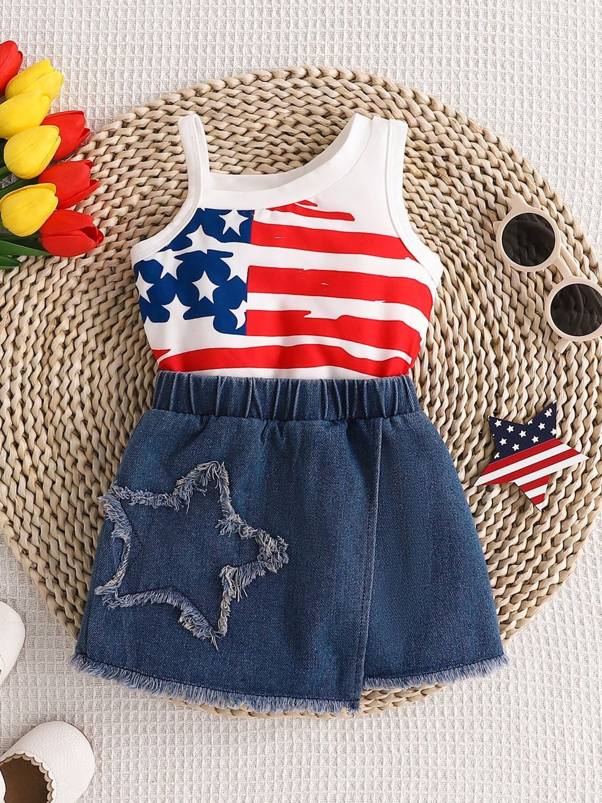 Children's American Flag Print Tank Top & Denim Skirt Set