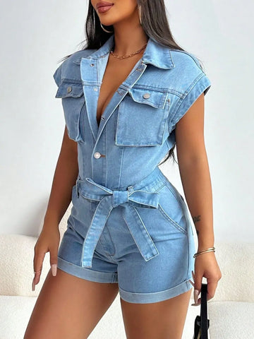 Tie Waist Cap Sleeve Denim Romper