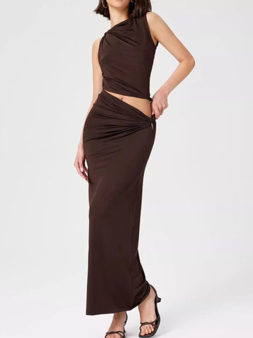 Asymmetrical Ruched Knit Top and Skirt Set