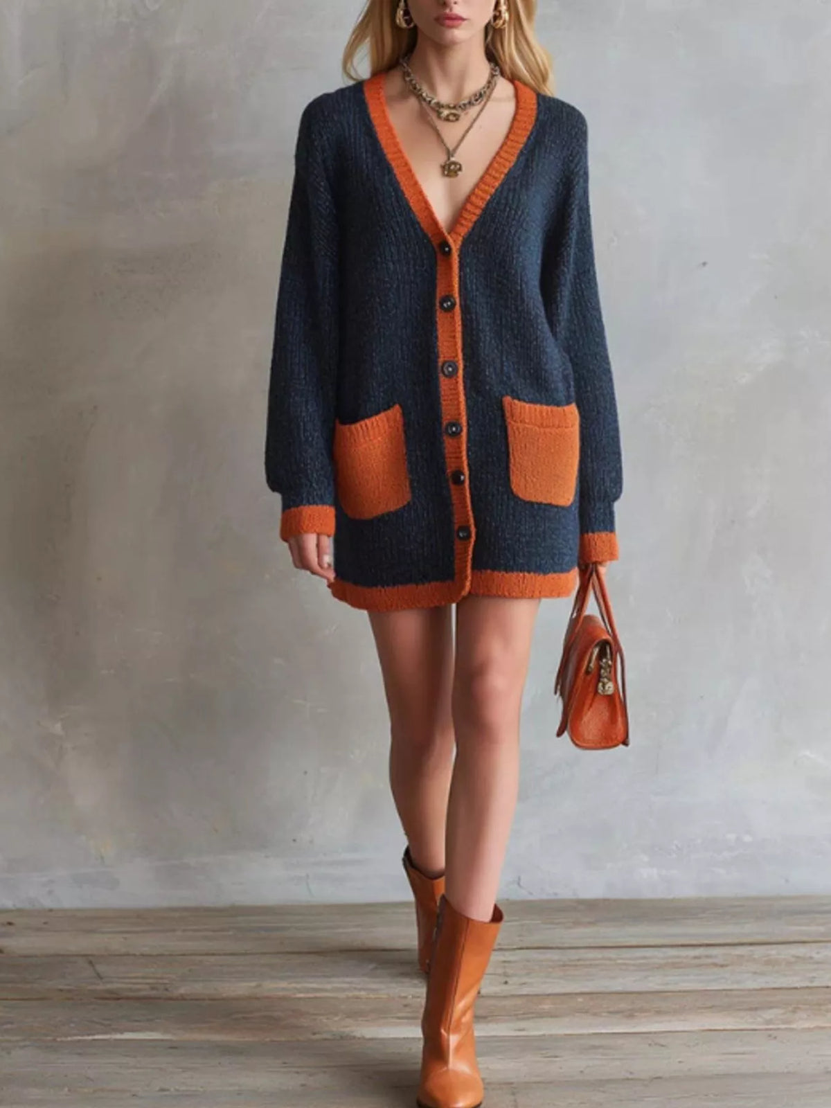 Color-Block V-Neck Button-Down Knit Cardigan