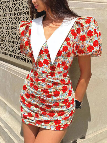 Ruched Floral Puff Sleeve Mini Dress