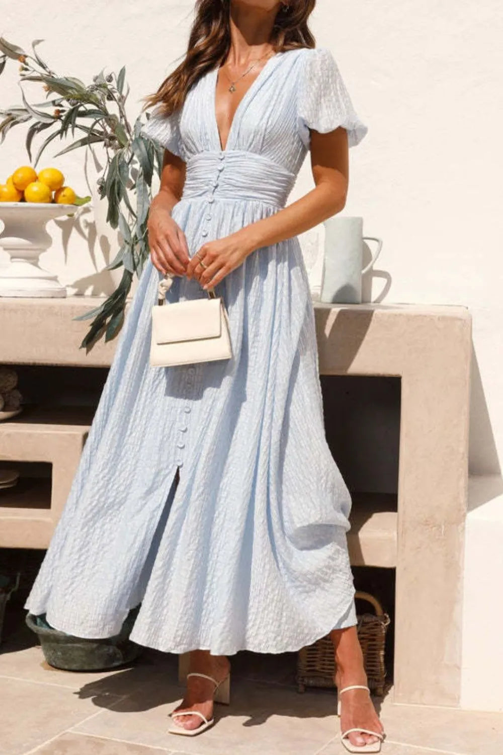 V Neck Puff Short Sleeve Midi Dress
