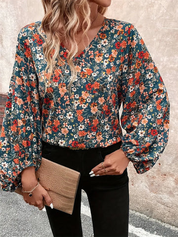 Printed V Neck Balloon Sleeve Blouse