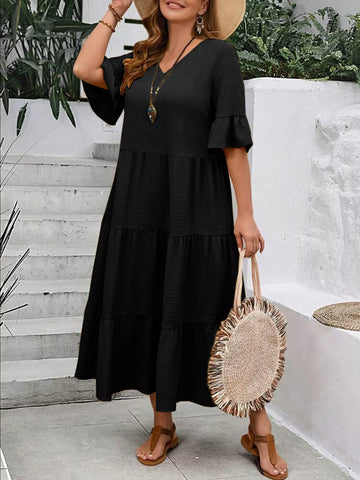 Plus Ruffle Sleeve Tiered Midi Dress