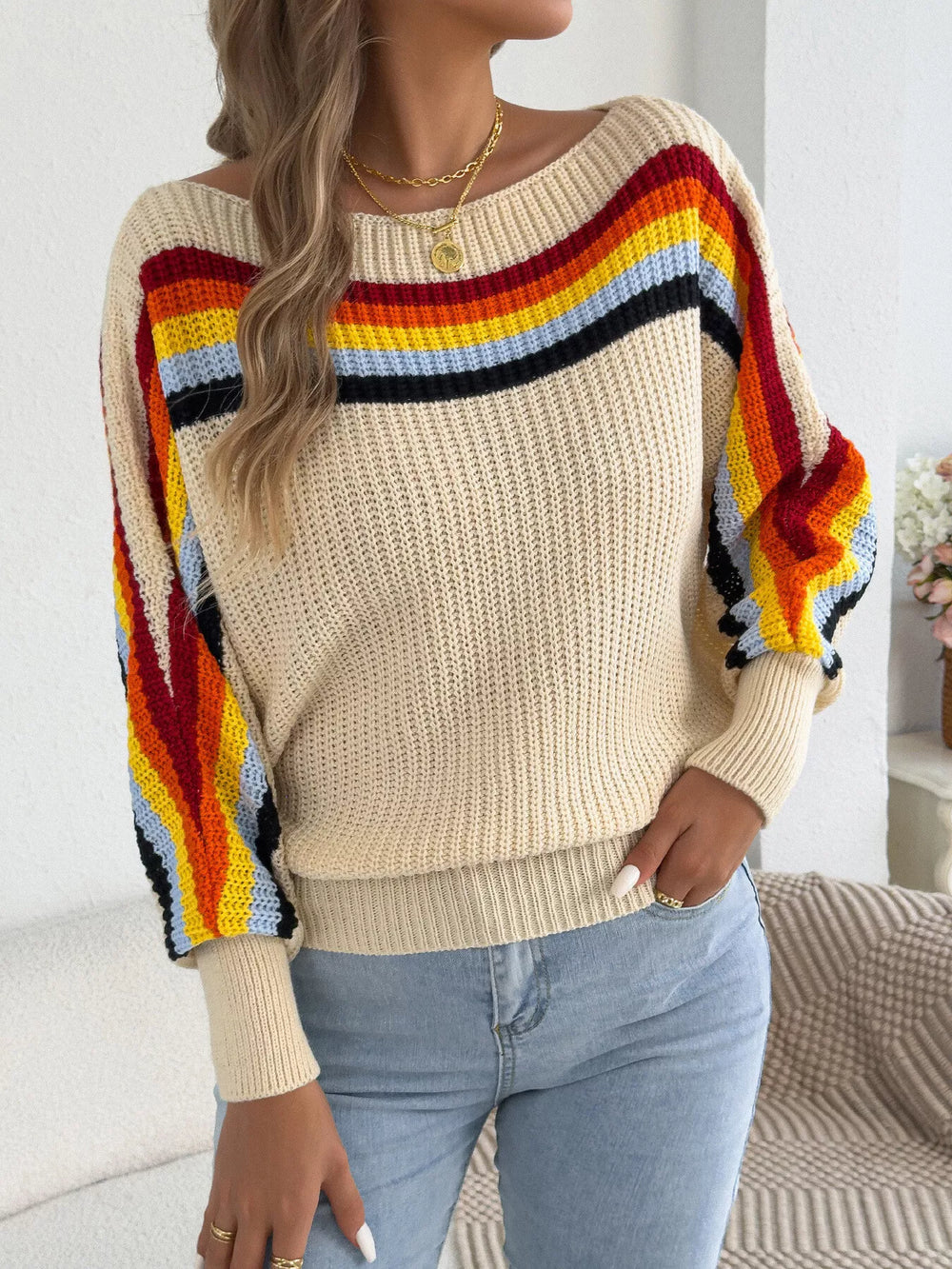 Striped Knit Boat Neck Sweater