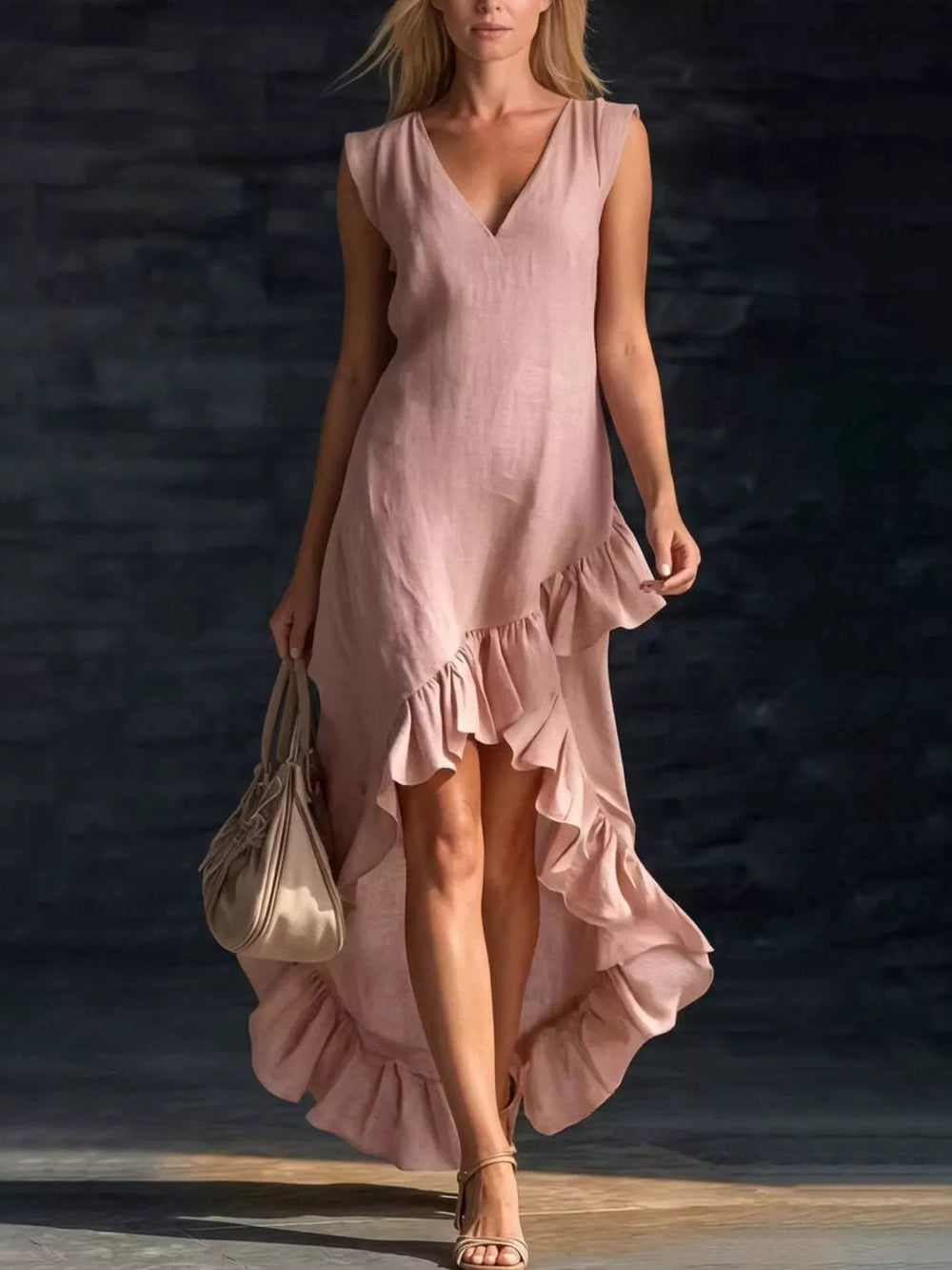 Full Size V Neck Ruffle Hem High Low Dress Plus Size
