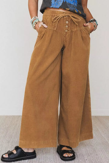 Elastic Waist Wooden Button Placket Ankle Length Wide Leg Pants
