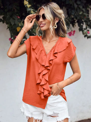 Ruffled V Neck Short Sleeve Blouse
