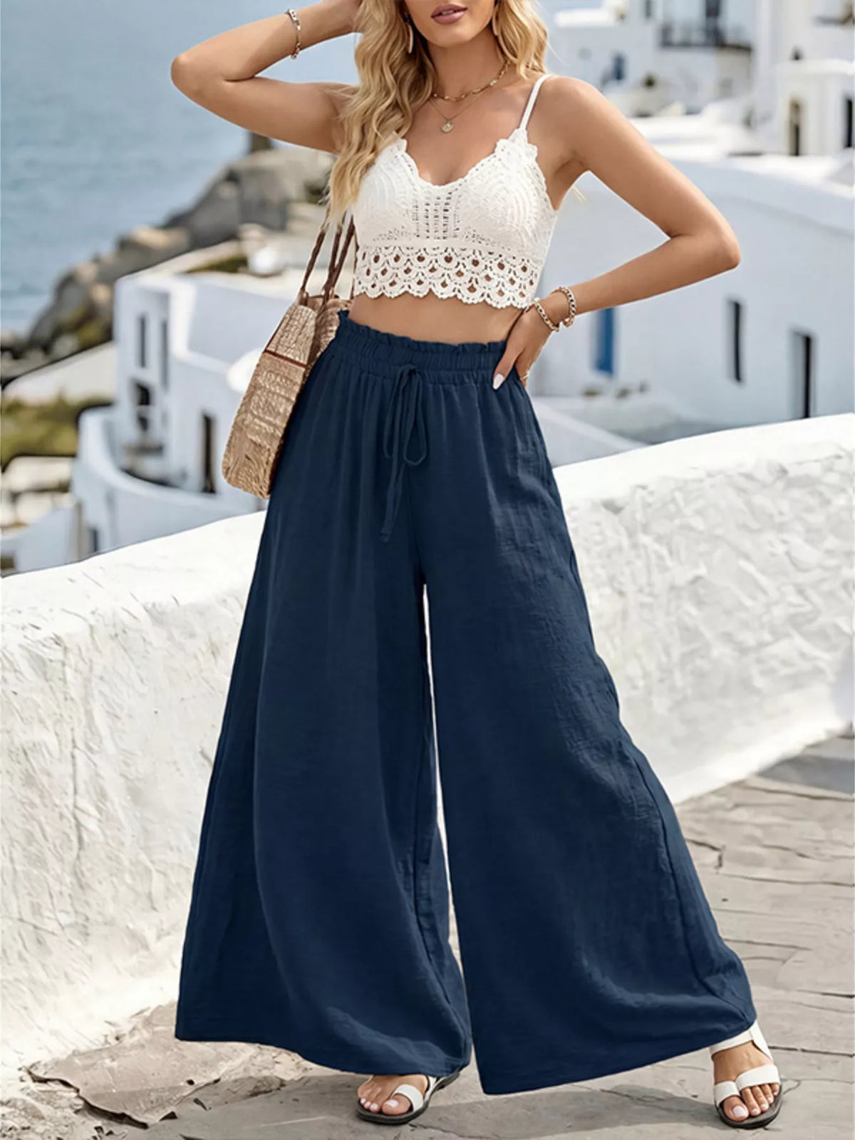 Wide-Leg Drawstring Pants