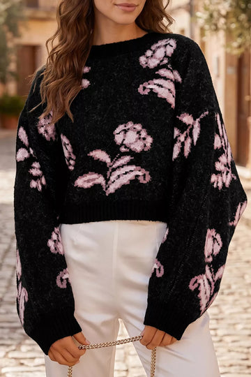 Floral Pattern Puff Sleeve Dropped Shoulder Pullover Sweater