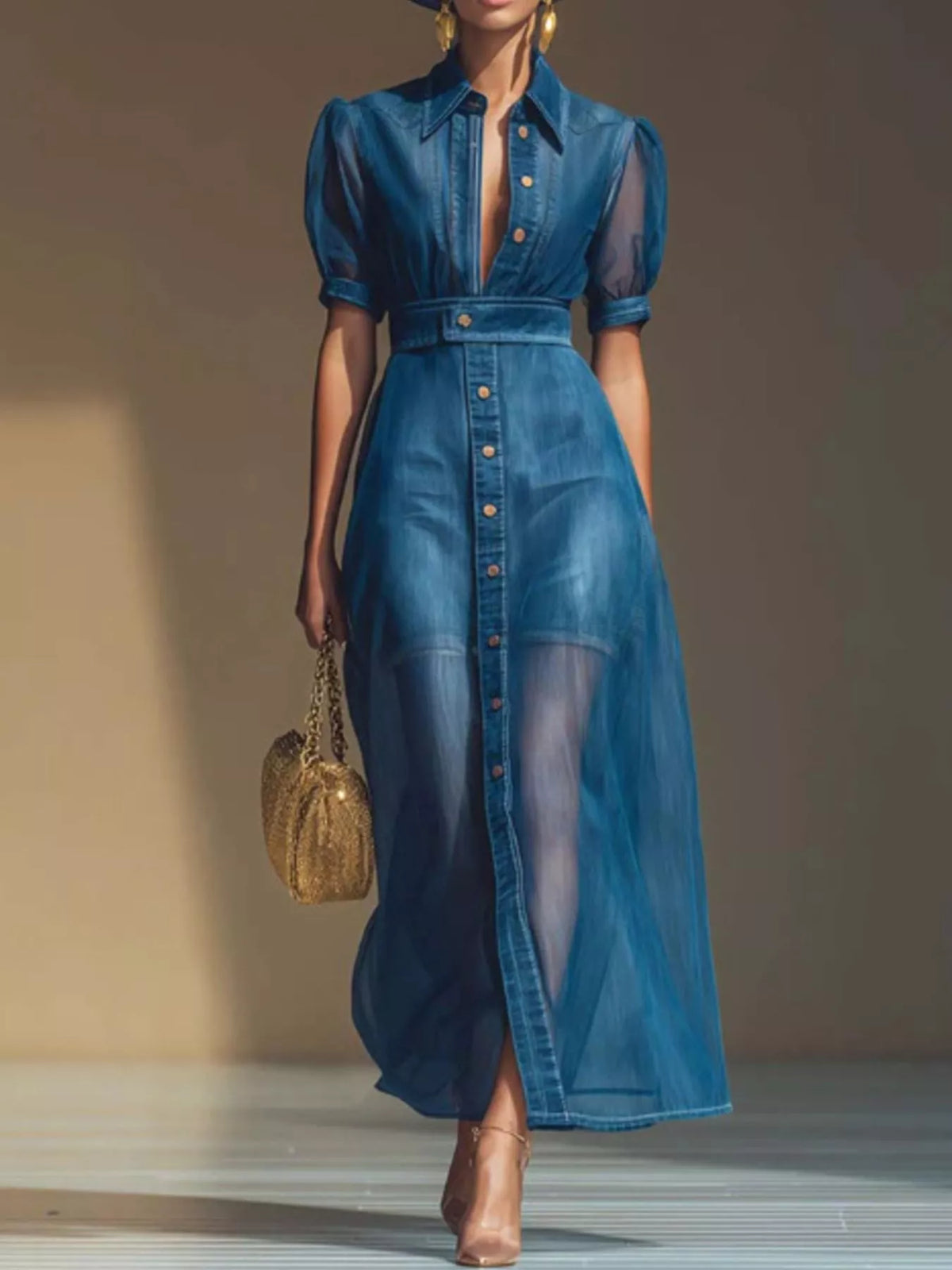 Sheer Panel Button-Down Maxi Dress