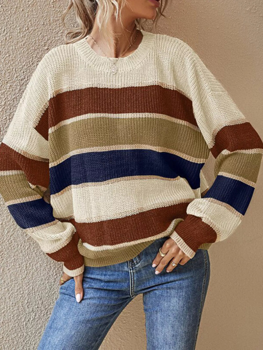 Color Block Striped Crew Neck Sweater