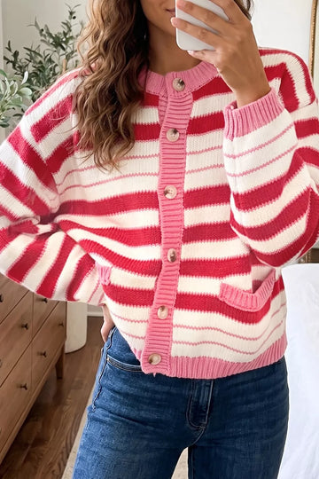 Stripe V Neck Long Sleeve Regular Fit Cardigan